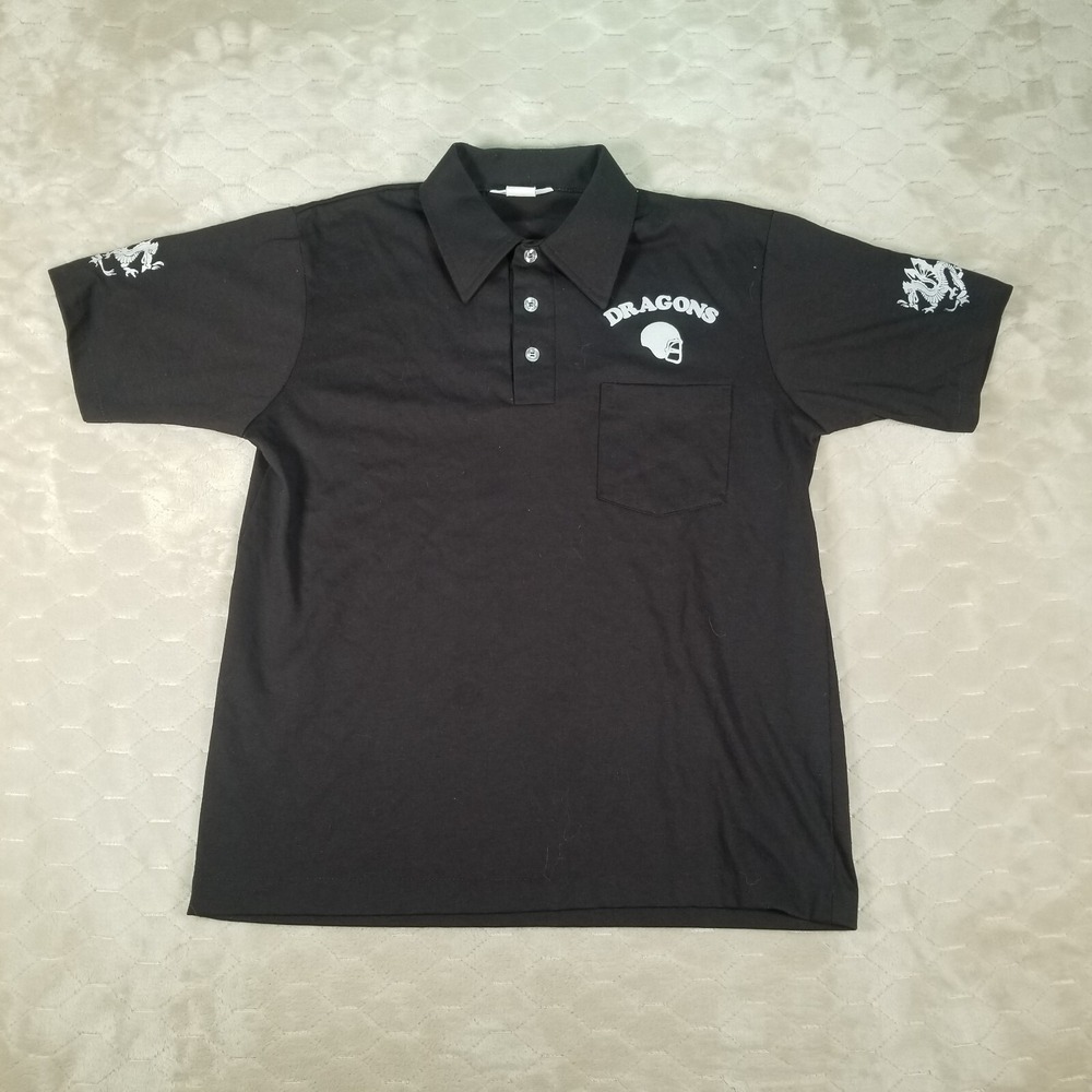 VTG 70s Whang Polo Shirt Single Stitch‎ Dragons Football Flocked Sz M/L See Pics